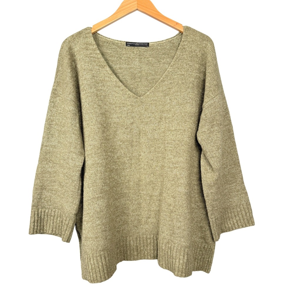 Peruvian Connection Sweater Women L Green Pima Cotton V-Neck Side Slit Knit